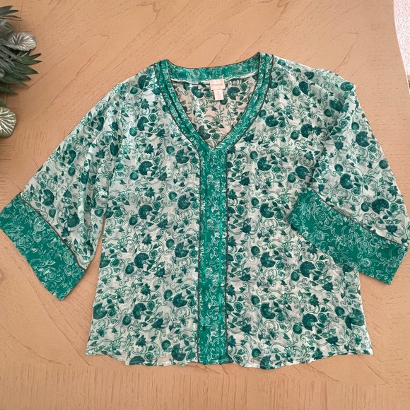 Chico's Tops - Chico’s Congo Floral Sequin & Bead Studded Semi Sheer Tunic Top Green & White M